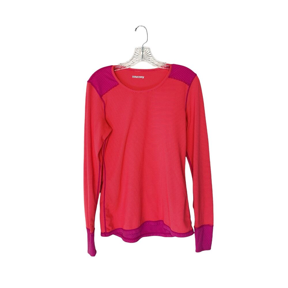 Saucony Pink Purple Striped Long Sleeve Cuffins‎ Workout Running Shirt